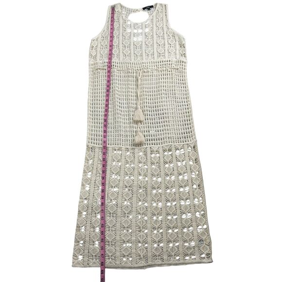 Lulus Women's Midi Dress Size Medium Ivory Crochet Cutout Sleeveless Tie Waist - Picture 10 of 12